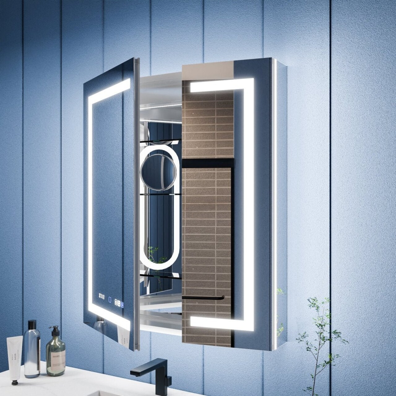 ExBrite LED Lit Inset Mirrored Medicine Cabinet with Magnifiers Medicine